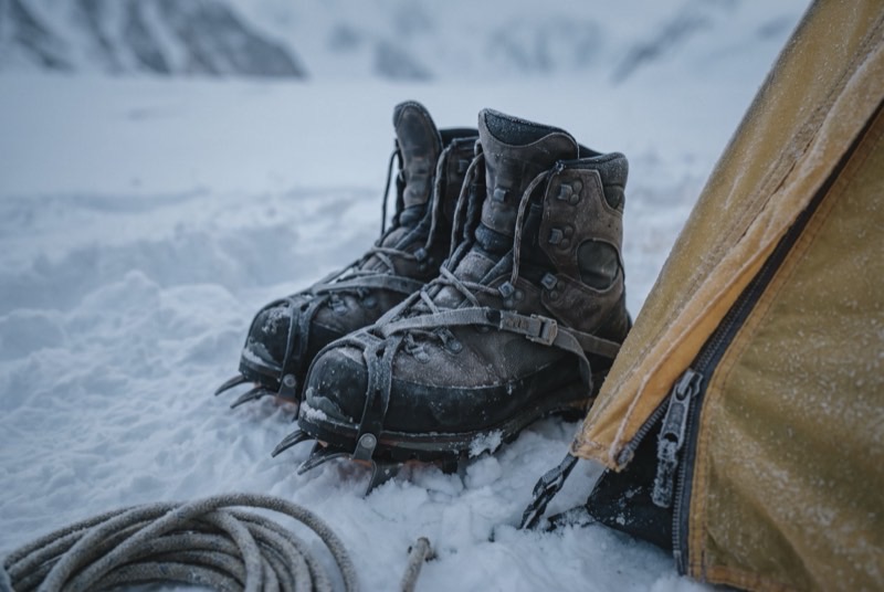 High-altitude boots with crampons still strapped on, standing in the snow at the door of a tent at high camp