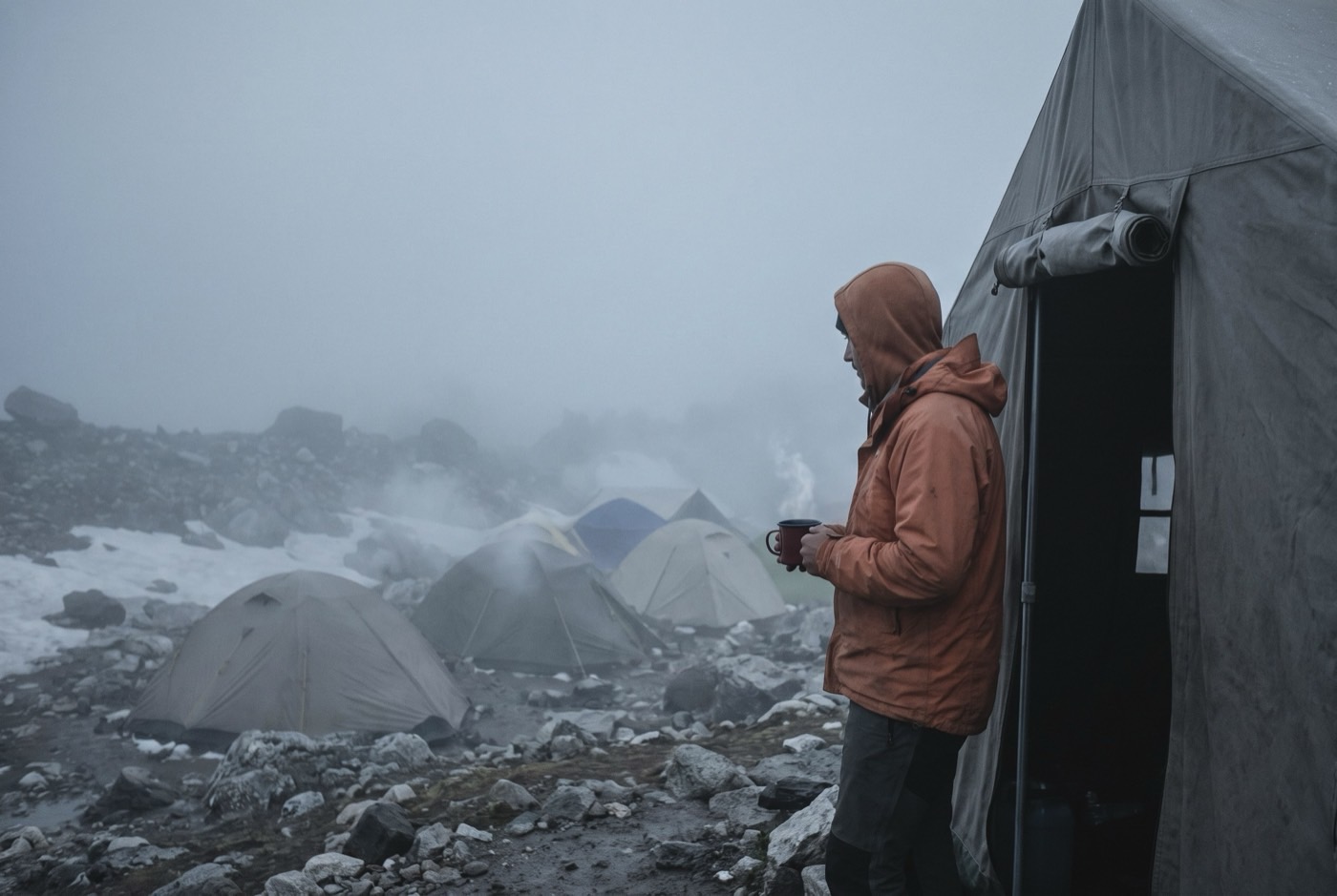 A figure in a faded orange jacket standing in a mess tent doorway at base camp in bad weather, both hands round a mug.